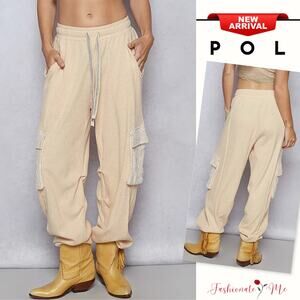 POL High Waist Adjustable Drawstring Lace Cargo Pockets Jogger Pants | Apricot